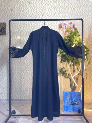 Black nida abaya with black crystal stones and hand embroidery – Available at Abaya.com.bd