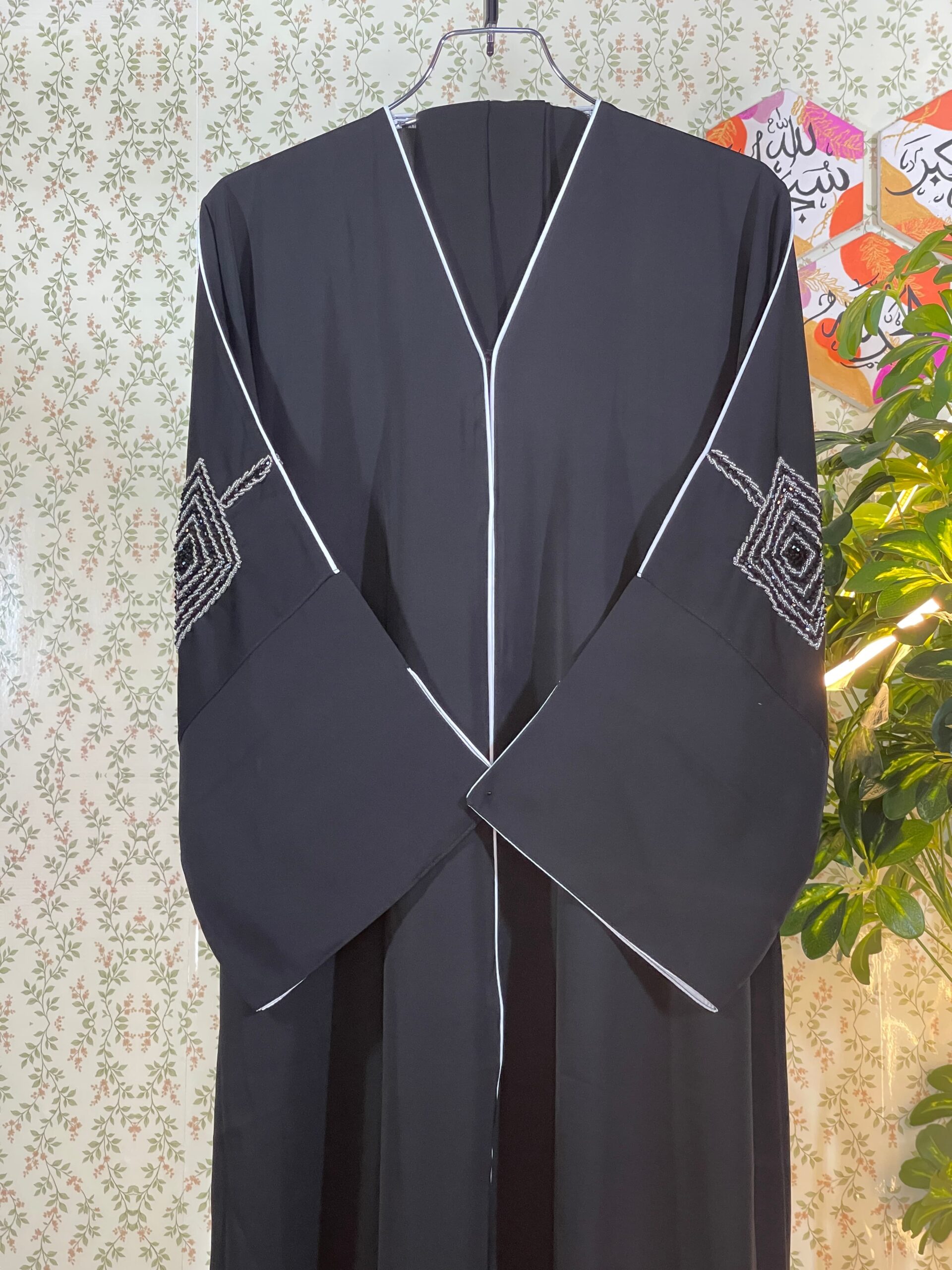 Black Dubai-style abaya with crystal stonework and hand embroidery – Exclusive collection at Abaya.com.bd by Md Muhibbullah and Muhibbullah