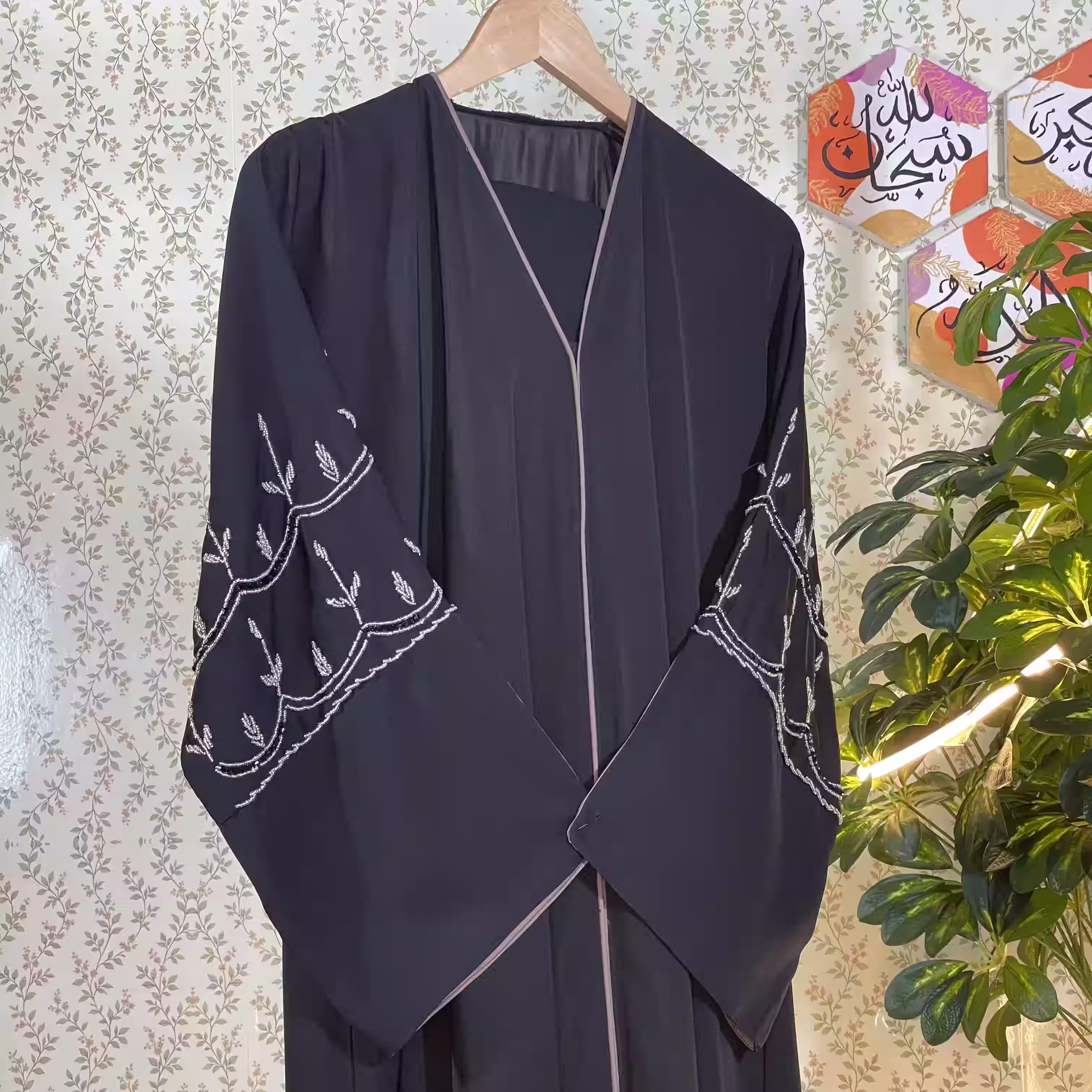 Dubai Black Abaya SD23 with white and black stone sleeve embroidery