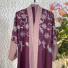 Maroon and dusty pink floral embroidered open abaya with elegant contrast panels
