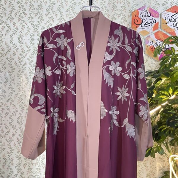 Maroon and dusty pink floral embroidered open abaya with elegant contrast panels