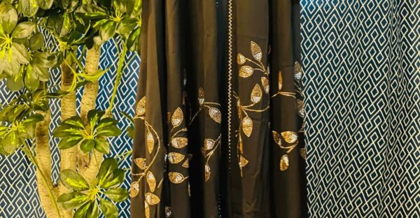 Black Dubai burqa with intricate stone work – perfect for elegant modest fashion in Bangladesh.