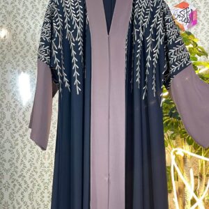 Ash Brown & Black Embroidered Dubai Abaya with Hijab and Belt – 16SE