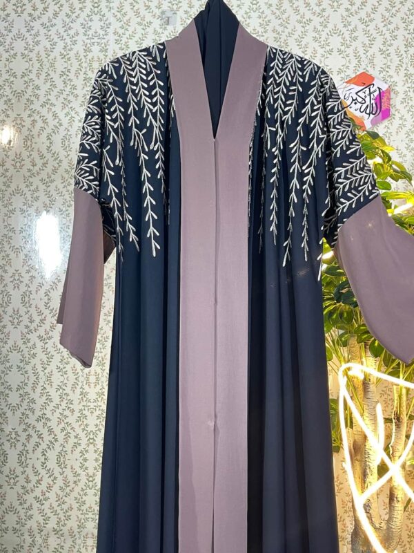 Ash Brown & Black Embroidered Dubai Abaya with Hijab and Belt – 16SE