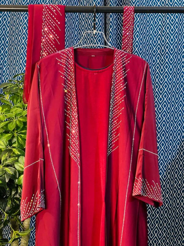 Maroon Dubai Burkha with crystal sleeve & chest stone design – TS41