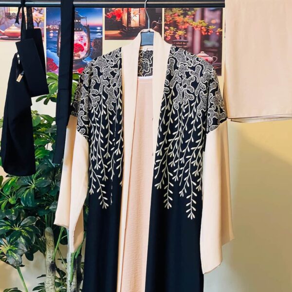 Black & Blush Embroidered Dubai Burkha with matching hijab and belt – TE39
