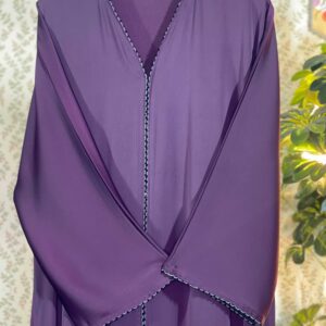 Elegant purple zafran abaya with crystal lace on hands and center
