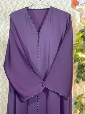 Elegant purple zafran abaya with crystal lace on hands and center