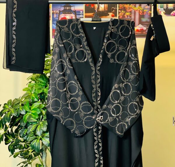 Buy Black Dubai Abaya with Silver Circle Embroidery and Inner – দুবাই বোরকা online in Bangladesh