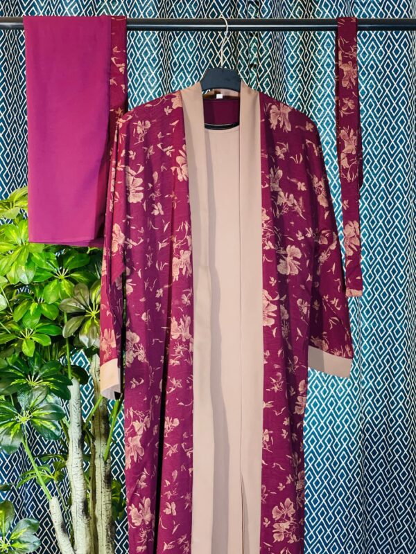 Buy Elegant Magenta Floral Printed Abaya Set with Hijab and Belt – দুবাই বোরকা online in Bangladesh